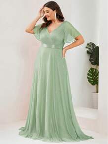 大码优雅闪光面料短袖V领长拖尾鼠尾草绿伴娘礼服夏季婚礼宾客礼服晚礼服派对 - 薄荷綠 - 查看 5
