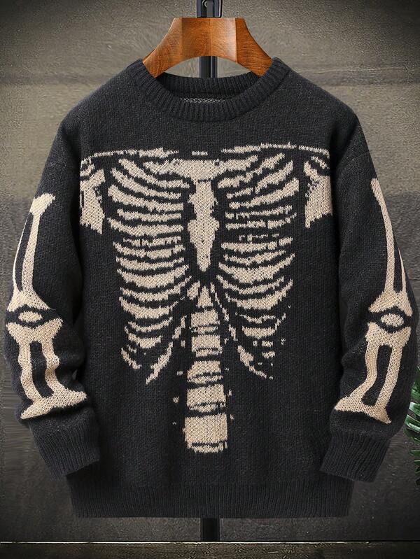 1 件青少年男孩休闲彩色图形块骷髅图案街头时尚都市套头长袖毛衣，秋冬万圣节毛衣