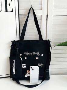 卡通印花帆布手提包，适合学生，单肩包，斜挎包，多功能大容量书包 - 黑色 - 查看 5