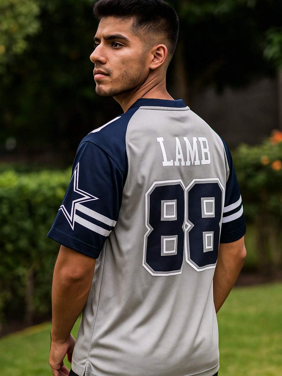Jersey Hombre Estampado Frente Espalda Deportivo Vaqueros Futbol Americano Camiseta Poliester Cuello V Manga Corta Secado Rapido - Gris - Ver 1