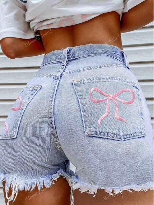 Mobula Sound Women's Casual Vacation Sexy Music Festival Pocket Butterfly Embroidery Frayed Y2K Fashion Blue Denim Shorts, Suitable For Spring And Summer