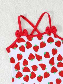 Young Girl Strawberry Print Bow Decor One-Piece Swimsuit With Skirt - Multicolor - View 5