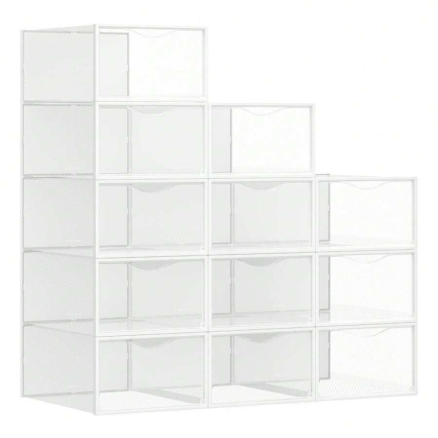 SONGMICS Cajas para Zapatos, Organizador de Zapatos de Plástico, Juego de 12, para Zapatos hasta 43, Transparente y Blanco Nube