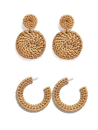 Rattan Earrings Bohemian Style Hollow Geometric Rattan Earrings For Women, Beach Hoop Earrings, Lightweight Geometric Shape Tassel Bohemian Earrings, Straw Wicker Weave Hoop Dangle Earrings For Women & Holiday Fashion Earrings Gifts