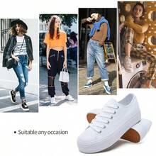 White Platform Sneakers For Women, Low Top Canvas Shoes - 白色單色 - 查看 8