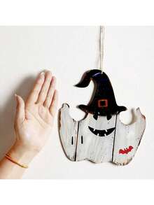 1 件万圣节木制鬼魂墙饰 - 女巫帽设计，带蝙蝠装饰，节日挂饰，适用于家庭、派对、门廊装饰