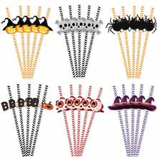 10pcs/Set Halloween Party Decoration Disposable Paper Straws, Special Patterns Of Spider, Pumpkin, Witch, Skeleton, Wedding And Birthday Supplies, Home And Party Decorations - Multicolor - View 1