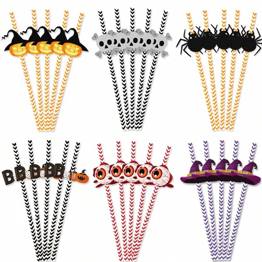 10pcs/Set Halloween Party Decoration Disposable Paper Straws, Special Patterns Of Spider, Pumpkin, Witch, Skeleton, Wedding And Birthday Supplies, Home And Party Decorations - Multicolor - View 1