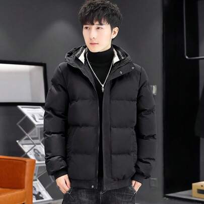 Men Down Coat Winter Warm Thickened Stand Collar Hooded Jacket Fashionable Outerwear Padded Parka Windproof Insulated Coat For Cold Weather  Streetwear