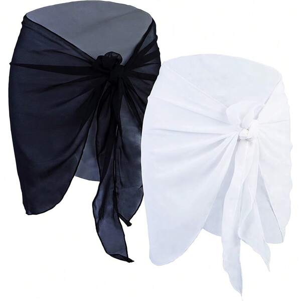 1pc Women Beach Sarong Bathing Suit Wrap Skirt Sheer Bikini Swimsuit Cover Ups For Swimwear Chiffon Sarong Swimsuit Coverup For Pool, Summer Resort Wear Black White, Beach Essentials, Beach Accessories, Pool Float