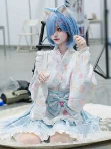 1pc Cute Fresh Strawberry Cat Print Lolita Maid Dress Cosplay Costume Set (No Headpiece), Light Blue, Suitable For Anime Convention, Music Festival, Autumn - Multicolor - View 4