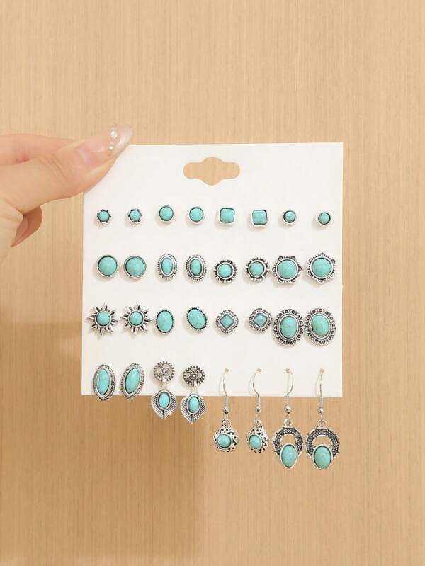 16 Pairs Geometric Turquoise Stud Earrings & Dangle Earrings Sets, Bohemian Style Jewelry For Women