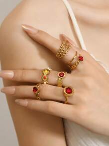 6pcs Vintage Stainless Steel Gold Tone Rings With Red Gem, Beaded Design, Open Style, Suitable For Women's Daily Wear, Gift For Holiday, Engagement, Wedding