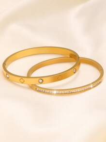 2pcs Luxury Sparkling Four-Leaf Clover Zirconia Stainless Steel Bracelet For Women, Suitable For Multiple Occasions