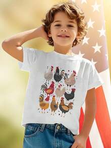 Cartoon Chickens And Roosters Set Illustration Kids T Shirt Cute Animal Graphic Tee Fun Gift Toddler Boys Girls Summer Casual Soft Lightweight Breathable Everyday Wear Playful Apparel