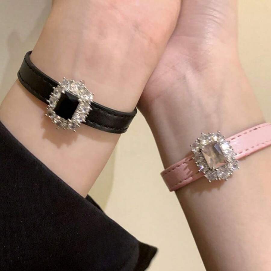 1 件锆石皮革扣手链，甜美酷炫的 Ins 风格高端优雅手镯，适合女性日常佩戴 - 彩色 - 查看 1