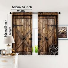 2pcs, Simulated Barn Wooden Door Pattern Window Curtain Rod Pocket, For Living Room, Kitchen, Bedroom, Hotel, Bathroom, Classroom, Dining Room, Home Decor, 3D Printed Cheap Window Shades, Curtains