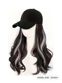 20 英寸波浪卷曲 K 型棒球帽 - 棕黑色，带白茶灰色亮点，高温纤维优雅女士日常穿着、派对和休闲运动装，日常头饰时尚头饰，深波浪假发 - 挑染棕色 - 查看 2