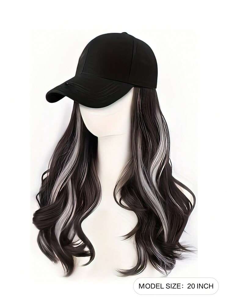 20 英寸波浪卷曲 K 型棒球帽 - 棕黑色，带白茶灰色亮点，高温纤维优雅女士日常穿着、派对和休闲运动装，日常头饰时尚头饰，深波浪假发 - 挑染棕色 - 查看 2