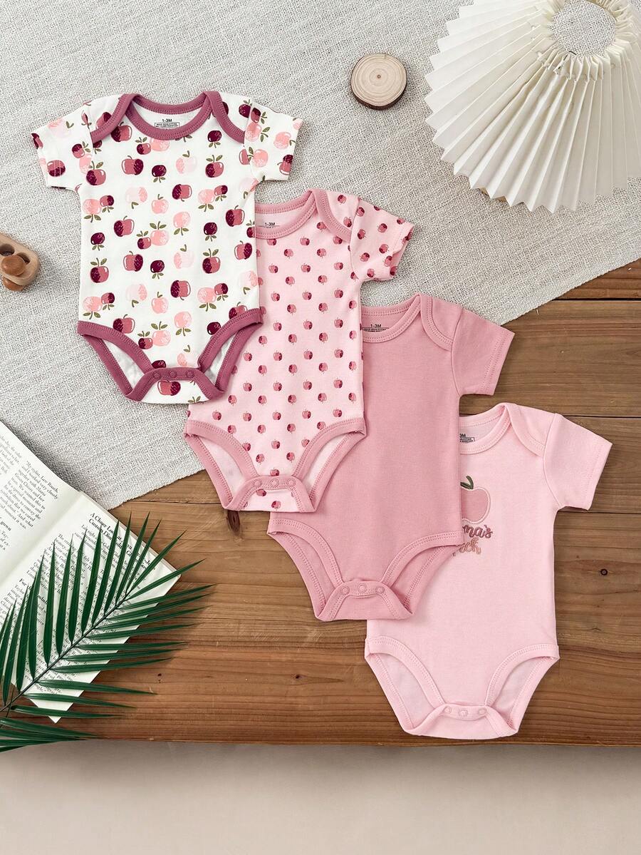 4 PCS Infant Boy Girl 0-12 Months Pure Cotton Casual Short Sleeves Cute Cartoon Baby Bodysuits Four Seasons - Multicolor - View 1