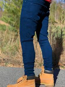 1pc Men's Black Slim Fit Stacked Jeans, Comfortable Casual Street Wear Distressed Denim Pants, Suitable Gift For Husband Or Boyfriend - Dark Wash - View 3