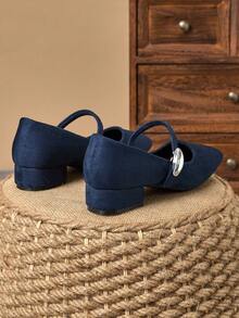 Women's 3cm Cloth Covered Heel Fashion Versatile White Mary Jane Chunky Heel Flats, Suitable For All Seasons - Navy Blue - View 7