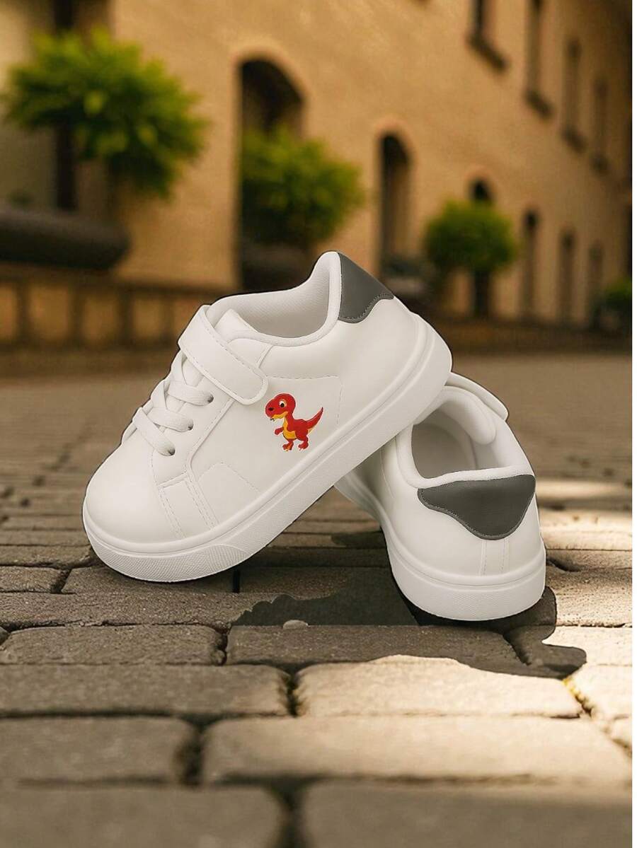 Zapatos Casuales de Dibujos Animados de Dinosaurios Para Niños- Correa de Cierre de Gancho y Bucle Fácil, Bajo, Material Duradero de PU y PVC, Forro de Tela Suave para Niños - Rojo - Ver 1