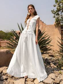 Faeriesty BohoBloom Lace Trim 2 Pieces Set: Sleeveless Cardigan Top And Flowing Midi Skirt - Essential Vacation Outfit (Beach, Garden Party, Holiday Wear) - White - View 9