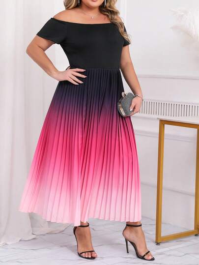 Plus Size One Shoulder Short Sleeve Pleated Ombre Party Dress