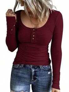 Women's Long Sleeve Henley T Shirts Button Down Slim Fit Tops Scoop Neck Ribbed Knit Shirts/Vacation Outfits Women/Valentine Outfits For Women - 酒紅色 - 查看 1