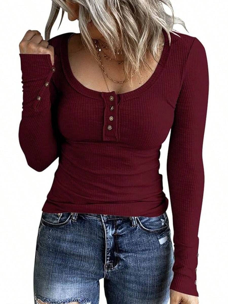 Women's Long Sleeve Henley T Shirts Button Down Slim Fit Tops Scoop Neck Ribbed Knit Shirts/Vacation Outfits Women/Valentine Outfits For Women - 酒紅色 - 查看 1