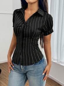 阳光少女夏季女装毕业季学院风 Y2K 条纹印花前扣修身短袖衬衫 - 黑色 - 查看 2