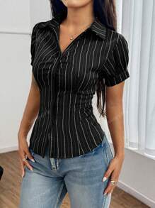 Chemise slim à manches courtes avec boutons devant et imprimé rayé, style collégial Y2K d'été pour femme diplômée