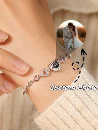 Customized Heart Projection Bracelet | Personalized Heart Shaped Projection Photo Bracelet | Sparkling Zirconia Women Heart Projection Bracelet | Custom Colorful Photo Bracelet | Girlfriend Gift | Valentine's Day Gift | Mother's Day Gift | Gift For Her