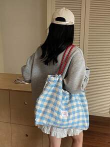 新款优雅刺绣花环蝴蝶结字母大容量托特包，女士时尚百搭单肩手提包，适合夏季户外旅行沙滩，格纹休闲单肩托特包，旅行包 - 淺藍色 - 查看 8