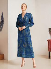 Floral Print V Neck Midi Dress For Women - Lightweight Chiffon With A-Line Silhouette  Elastic Waist - Elegant Summer Dress For Party, Date  Daily Wear - 藍色 - 查看 3