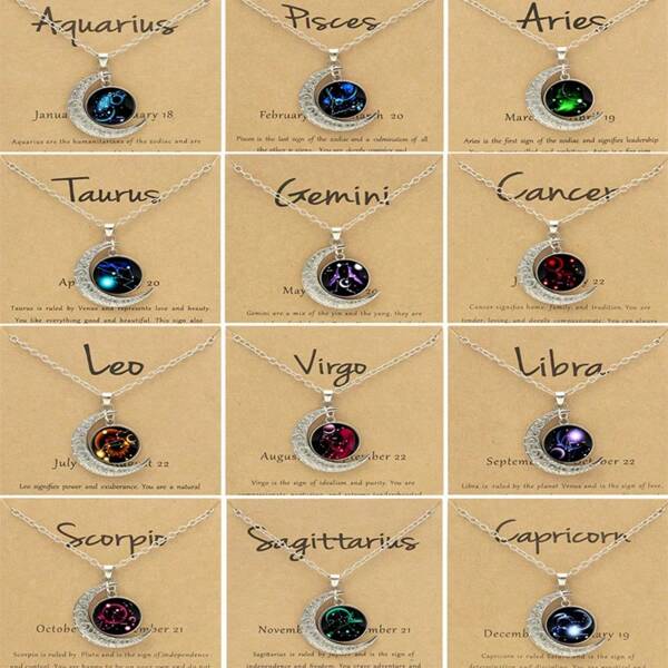 12 Zodiac Gemstone Glow In The Dark Moon Pendant Necklace, Fashionable & Versatile Silver Moon Charm, Birthday Gift For Women