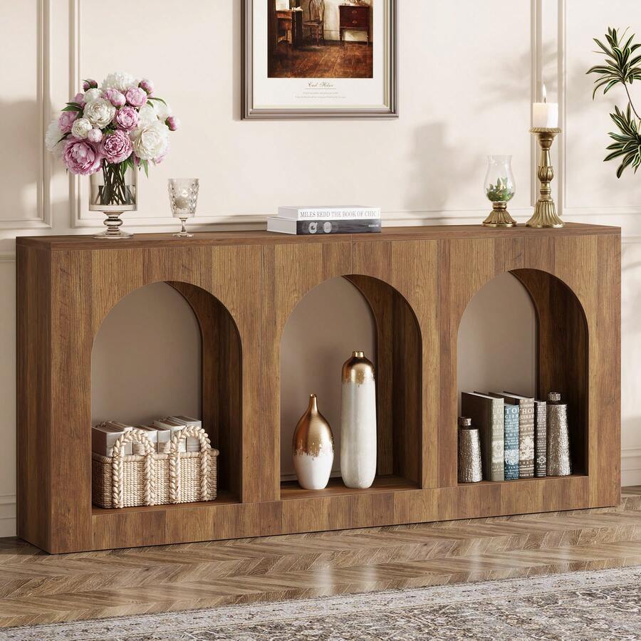 LITTLE TREE 70.9" Console Table With Storage, Wood Entryway Entry Table With 3 Arched Shelves For Foyer, Hallway, Living Room, Behind Couch Sofa, Narrow Long, Brown - 棕色 - 查看 1