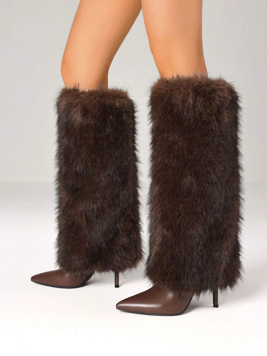 Women's Y2K Furry Fluffy Fold Over Knee High Boots Fashion Pointed Toe Stiletto High Heels Sexy Elegant Faux Fur Long Boots Woman