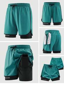 1 件男士休闲运动户外跑步短裤，内裤，网眼透气训练健身短裤，轻质冰丝面料，适合夏季球类运动 - 橄欖綠 - 查看 2