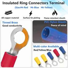 TEMINUO 80pcs Ring Terminals Insulated O Ring Crimp Connectors - M4 M6 M8 22-16/16-14/12-11AWG Gauge Electrical Crimp Terminal Pvc Eyelet Wire Connector Assortment Kit For Boat Truck Stereo Car Red Blue Yellow Set - Multicolor - View 5