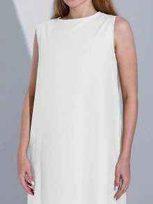 大码连衣裙女式夏季圆领休闲宽松防皱无袖长款度假连衣裙 - 白色 - 查看 4