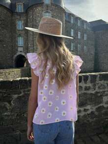 Women Shirt, Fly Sleeve Button-Down Plaid/Floral Loose Summer Tops For Casual Daily - Pink - View 4