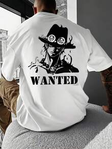 One Piece Wanted Poster T-Shirt, Men's Fashion T-Shirt, Men's 220g New Summer Cotton T-Shirt With Round Neck And Print On The Back (1 Piece) - 白色 - 查看 1