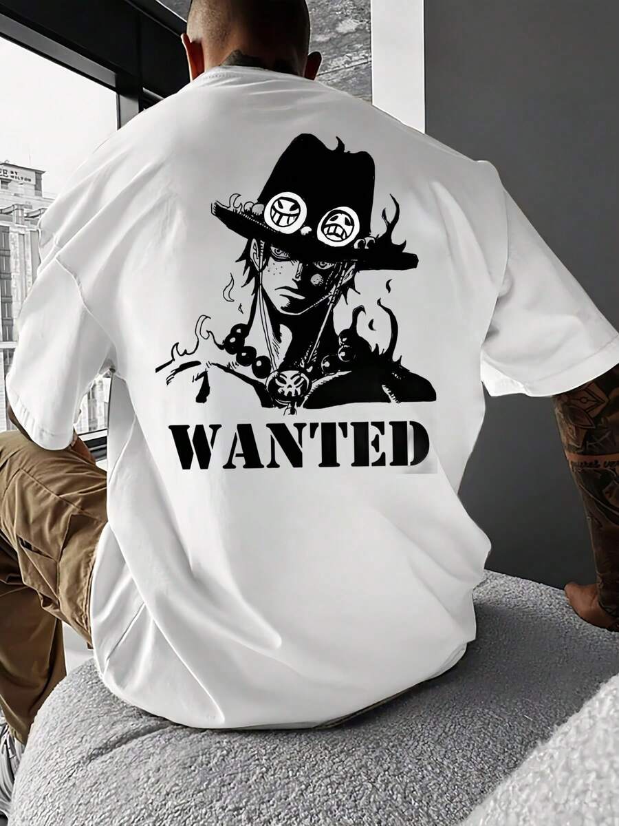 One Piece Wanted Poster T-Shirt, Men's Fashion T-Shirt, Men's 220g New Summer Cotton T-Shirt With Round Neck And Print On The Back (1 Piece) - 白色 - 查看 1