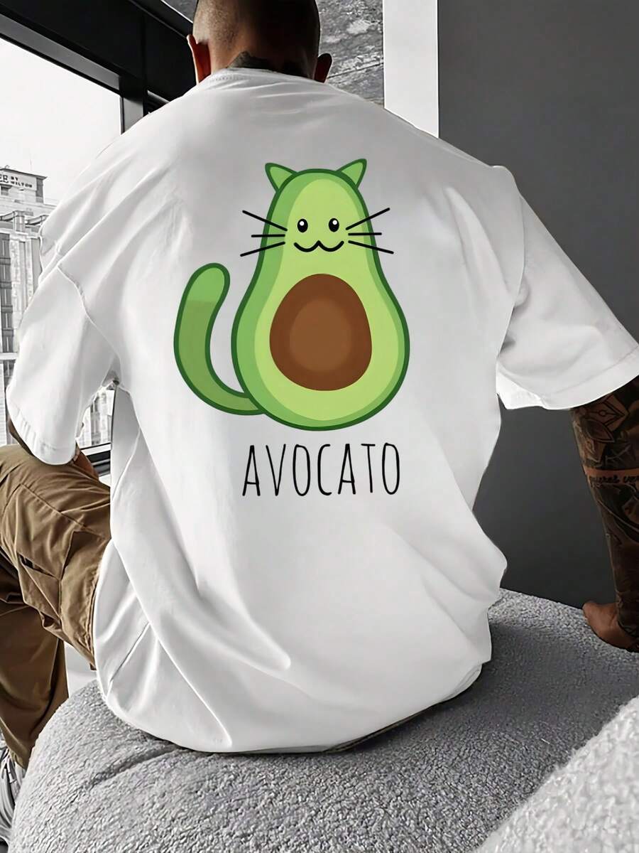 Avocado Cat Graphic T-Shirt Men's Summer Casual Graphic T-Shirt, Men's 220g New Summer Cotton Round Neck T-Shirt With Back Print (1 Piece)