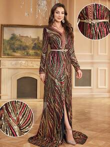Women's V-Neck Long Sleeve Sequin Zebra Print Elegant Party Dress With Detachable Belt
