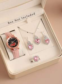 Rosa Armband Diamant Herz Zifferblatt Uhr & Rosa Schmuckset (5 Teile) - Liebesversprechen Geschenk, beinhaltet rosa Armband Diamant Herz Zifferblatt Uhr und rosa Ohrringe, Halskette, Ring (ohne Verpackung)