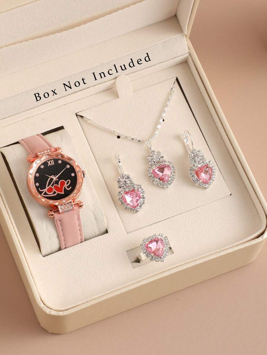 Rosa Armband Diamant Herz Zifferblatt Uhr & Rosa Schmuckset (5 Teile) - Liebesversprechen Geschenk, beinhaltet rosa Armband Diamant Herz Zifferblatt Uhr und rosa Ohrringe, Halskette, Ring (ohne Verpackung)