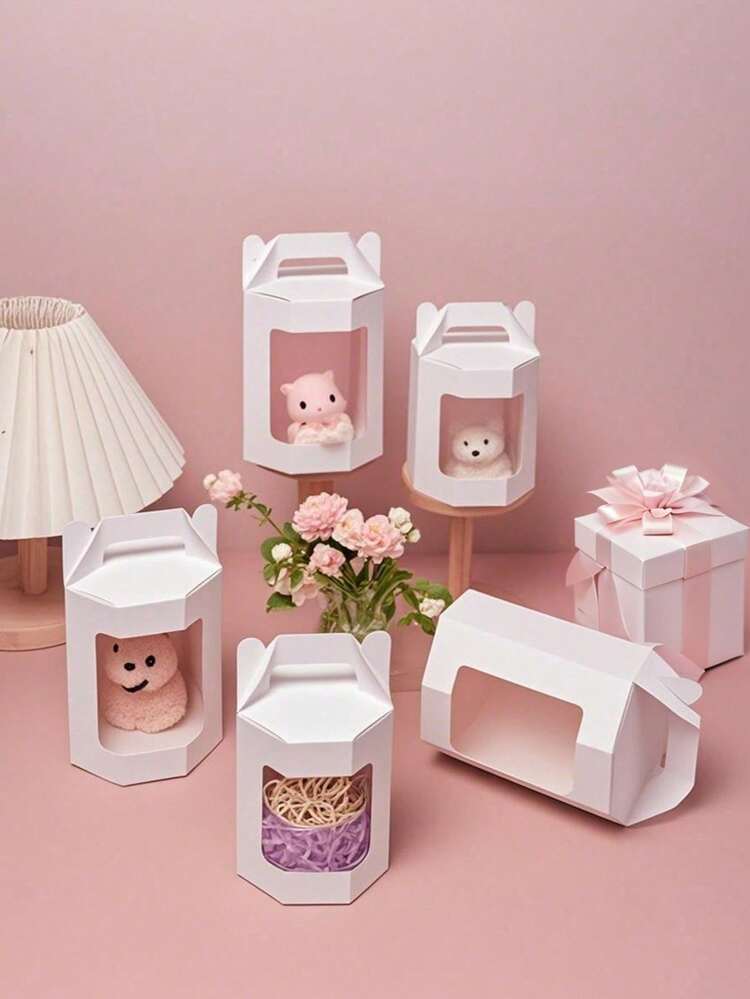 12pcs Gift Boxes, Octagon Shaped Paper Boxes With Handles & Transparent PET Window, Matte White Suitable For Party Gifts, Birthdays, Weddings, Christmas, Holiday Gifts - White - View 6